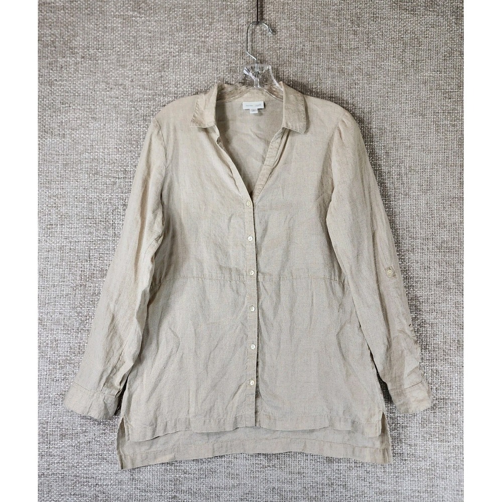 J.Jill Love‎ Linen Shirt Tunic Top Womens XS Missy Beige Button Roll Tab Sleeve